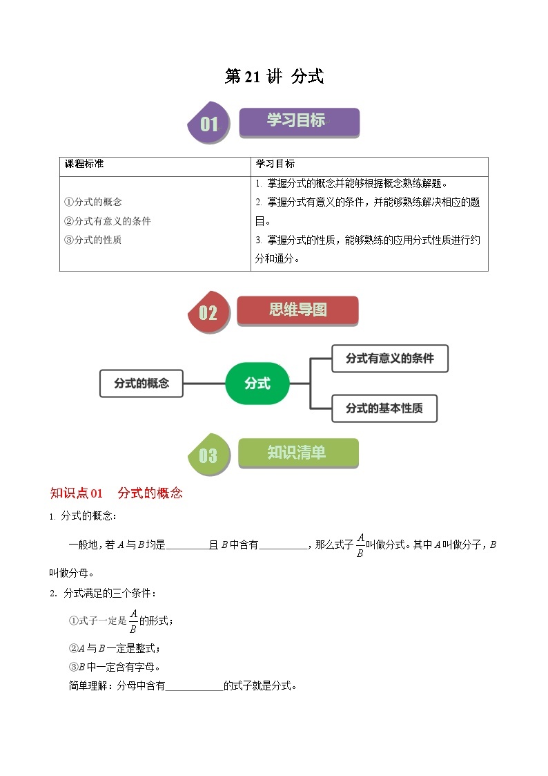 第21讲 分式-【同步精品】2024年八上数学同步精品讲义（人教版）01