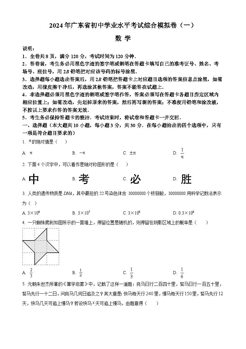 2024年广东省电白区部分学校中考一模数学试题（原卷版+解析版）01