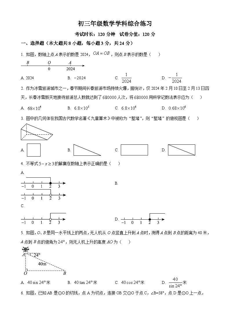 2024年吉林省长春市东北师大附中明珠学校中考一模数学模拟试题（原卷版）第1页