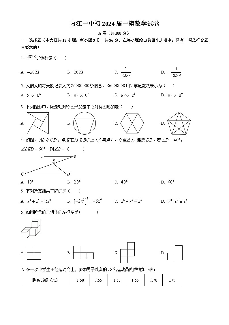 2024年四川省内江市第一中学九年级中考一模数学模拟试题（原卷版）第1页
