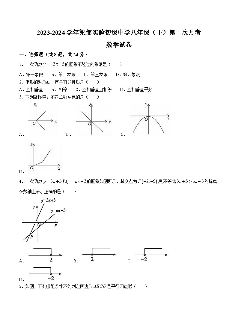 山东省滨州市邹平市梁邹实验初级中学2023-2024学年八年级下学期第一次月考数学试题(无答案)第1页