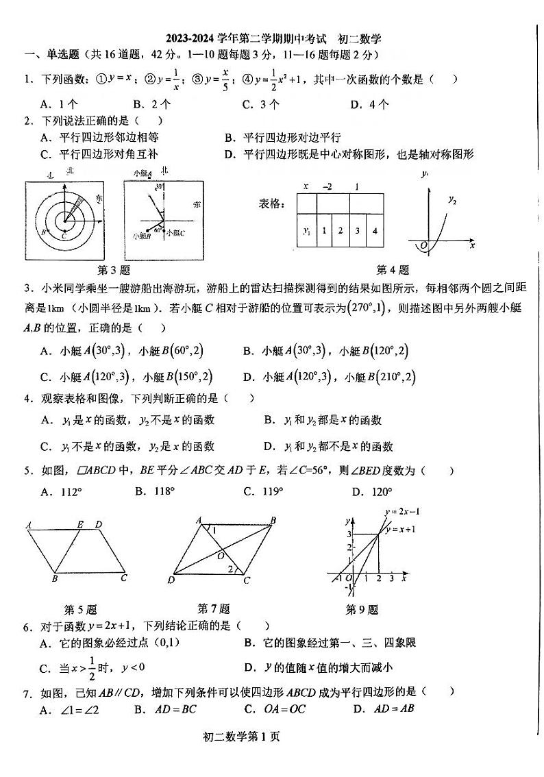 河北省石家庄市第四十中学2023—2024学年八年级下学期期中考试数学试题01