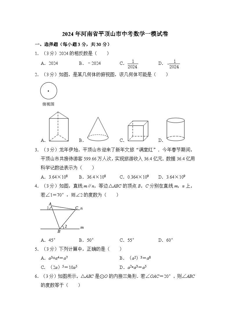 2024年河南省平顶山市中考数学一模试卷（含解析）01