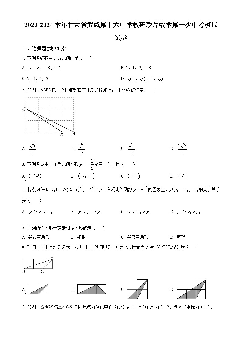 甘肃省武威市凉州区武威第十六中学2024年九年级下学期第一次月考数学试题（原卷版+解析版）01