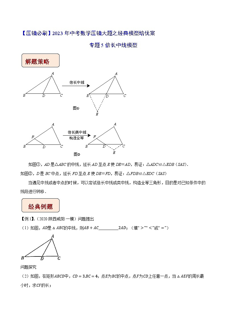 专题5倍长中线模型-【压轴必刷】2023年中考数学压轴大题之经典模型培优案（教师版含解析）第1页