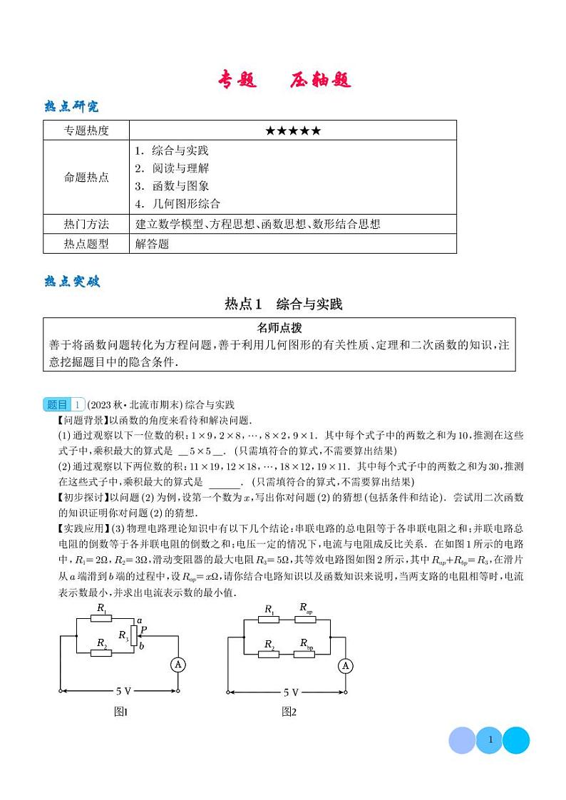 2024年九年级中考数学二轮复习热点： 压轴题01