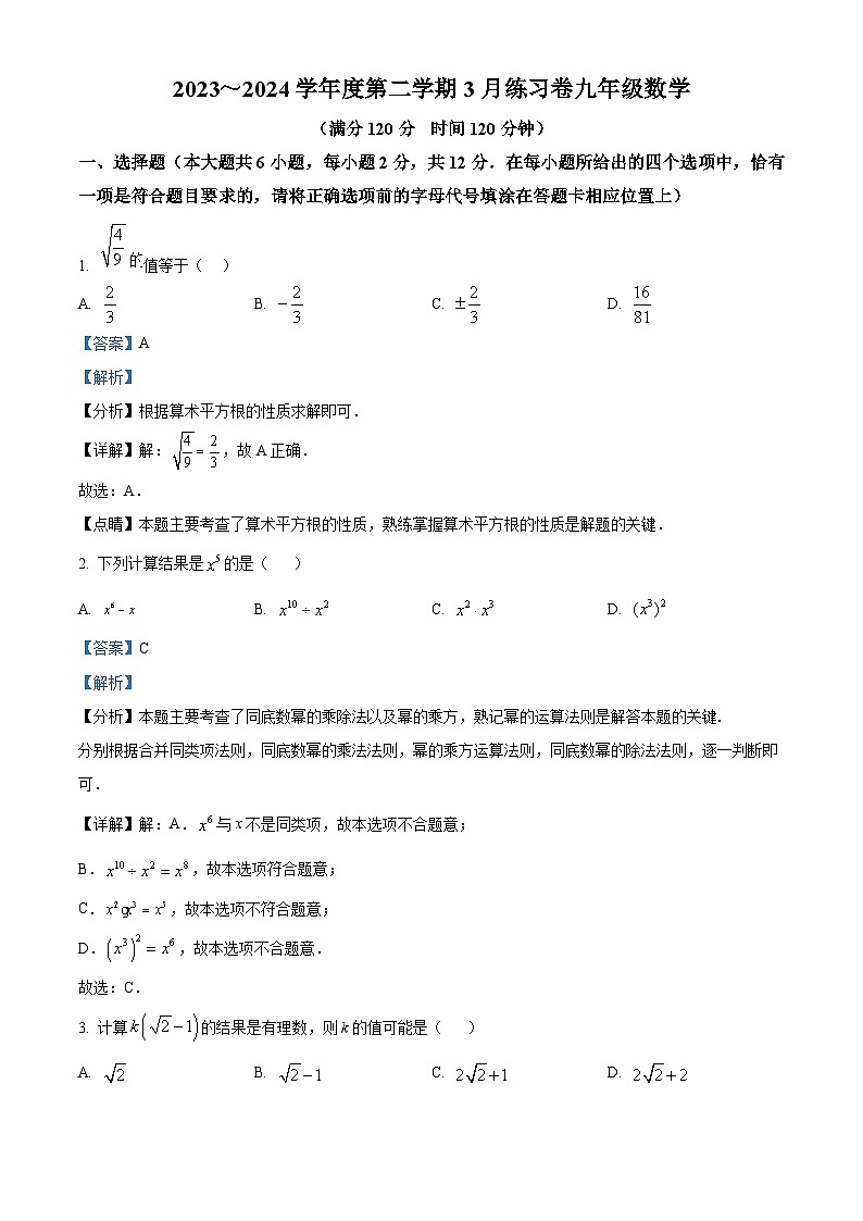 江苏省南京市江宁区江宁区麒麟初级中学2023-2024学年九年级下学期3月月考数学试题（原卷版+解析版）01