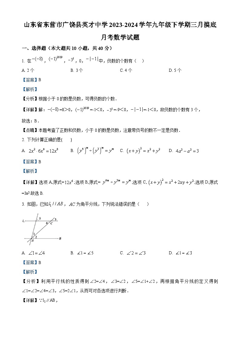 山东省东营市广饶县英才中学2023-2024学年九年级下学期3月月考数学试题（原卷版+解析版）01