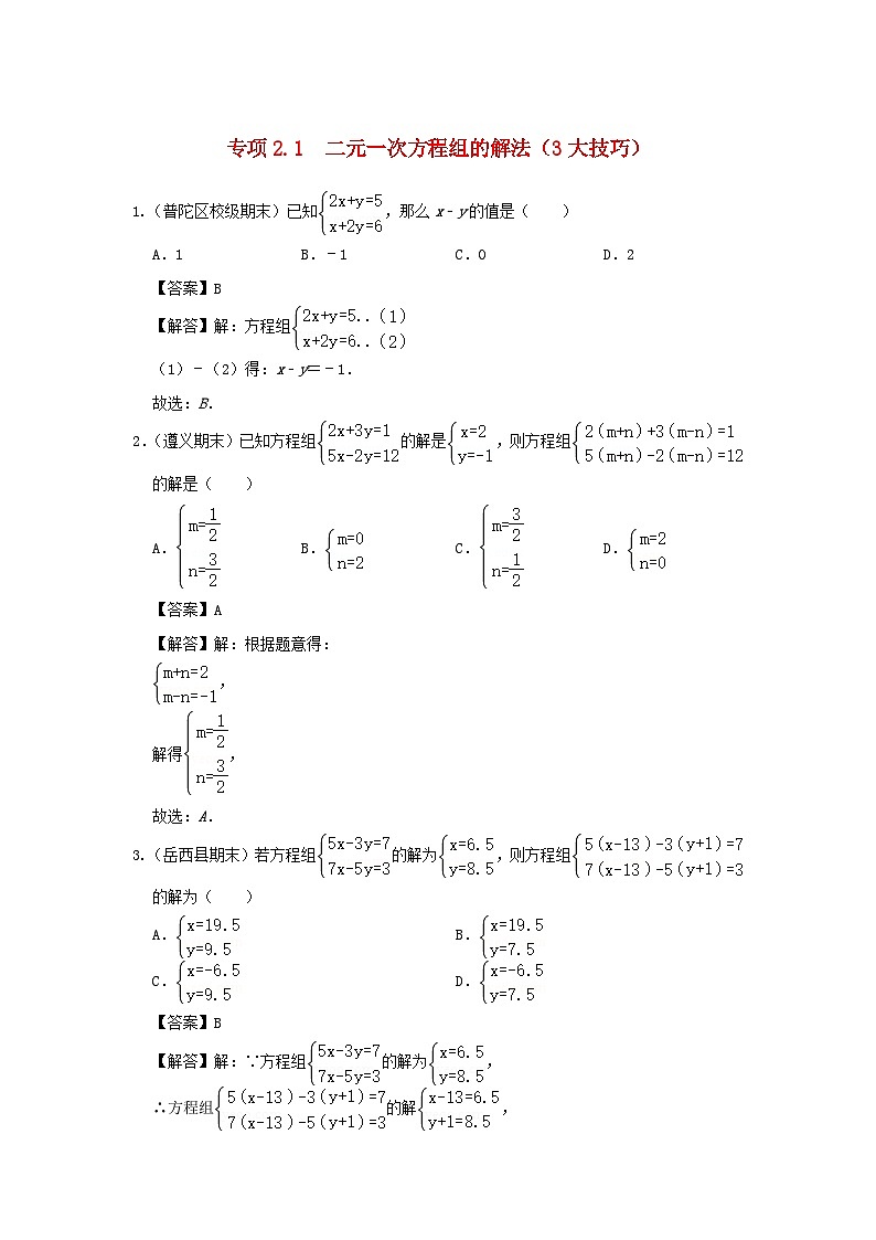2024七年级数学下册培优专项2.1二元一次方程组的解法3大技巧试题（附解析浙教版）01