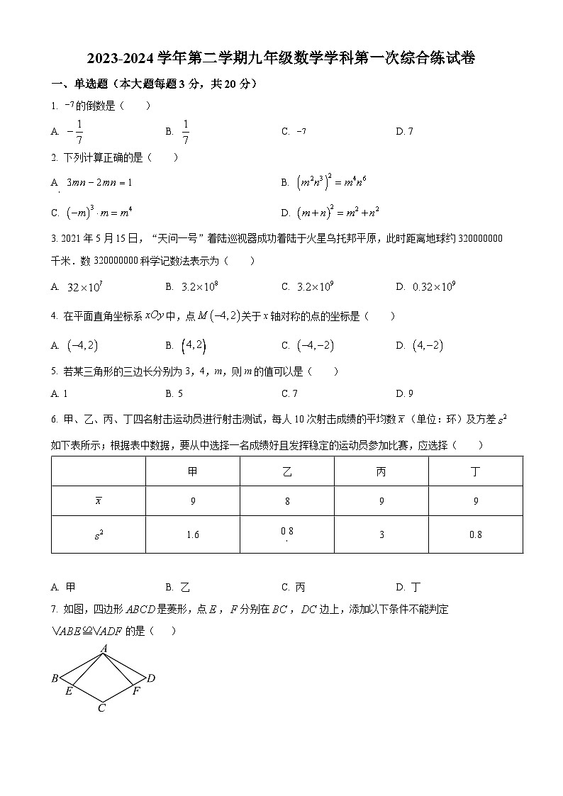 2024年广东省广州市九强校九年级中考一模数学试题（原卷版）第1页