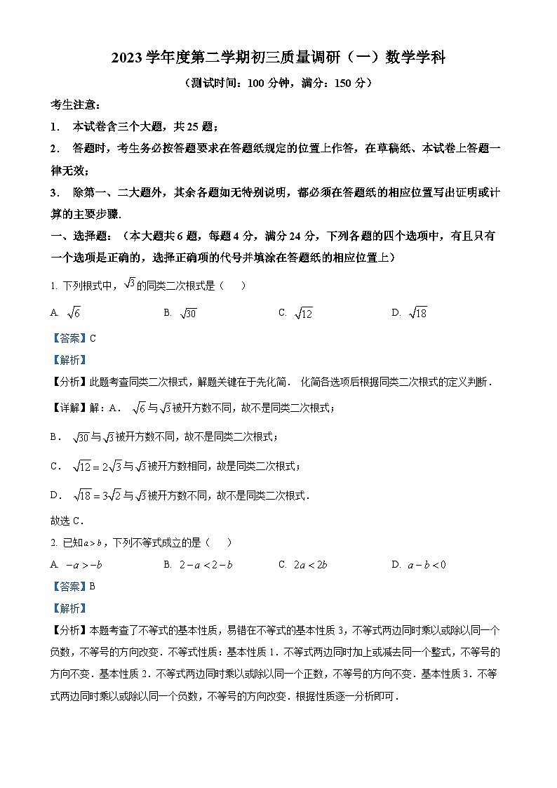2024年上海市杨浦区九年级中考一模数学试题（解析版）第1页