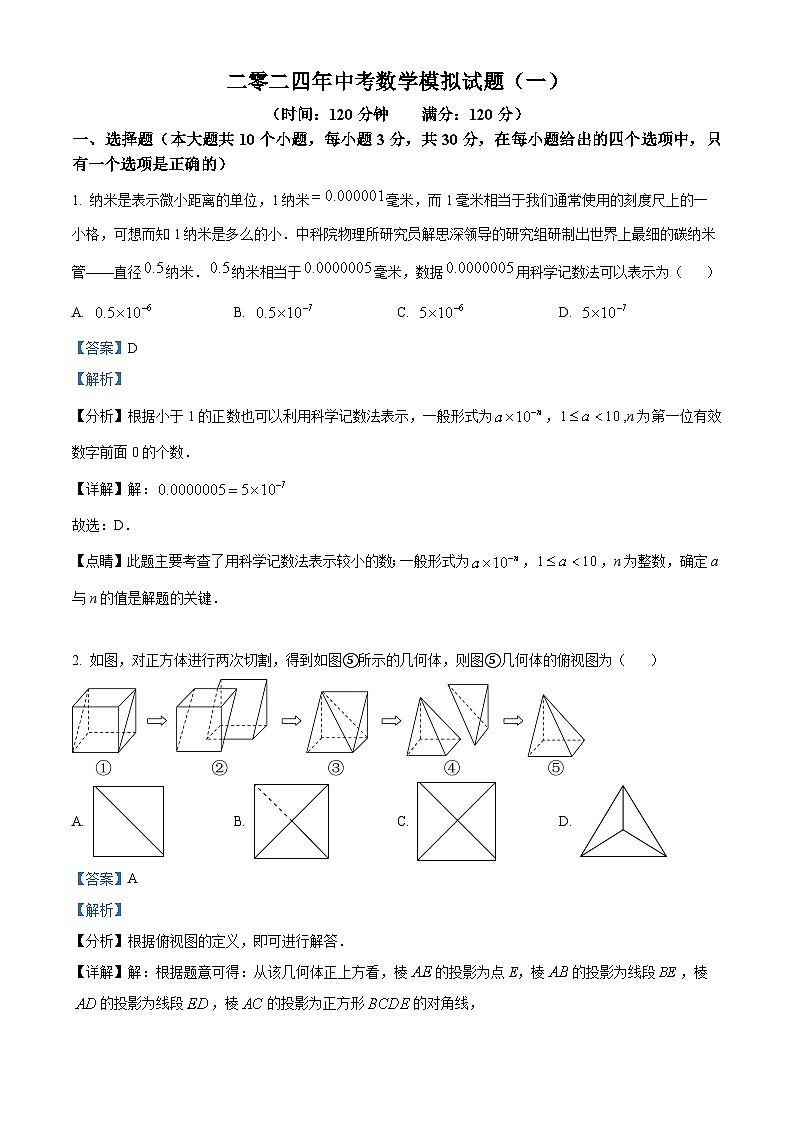 2024年山东省菏泽市单县湖西学校中考一模考试数学模拟试题（原卷版+解析版）01
