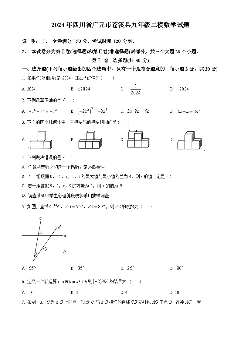 2024年四川省广元市苍溪县中考二模数学模拟试题（原卷版+解析版）01