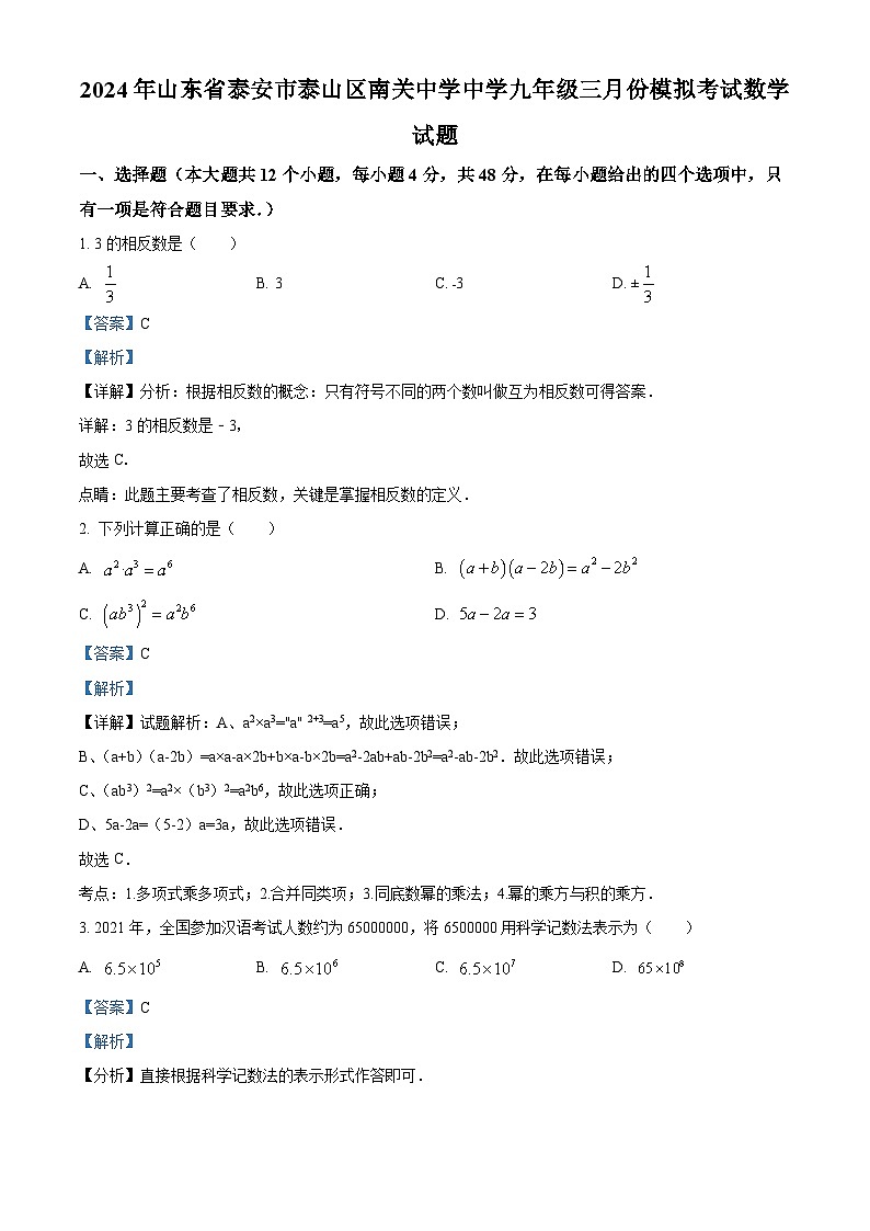 山东省泰安市泰山区泰安南关中学2024年九年级下学期3月月考数学试题（解析版）第1页