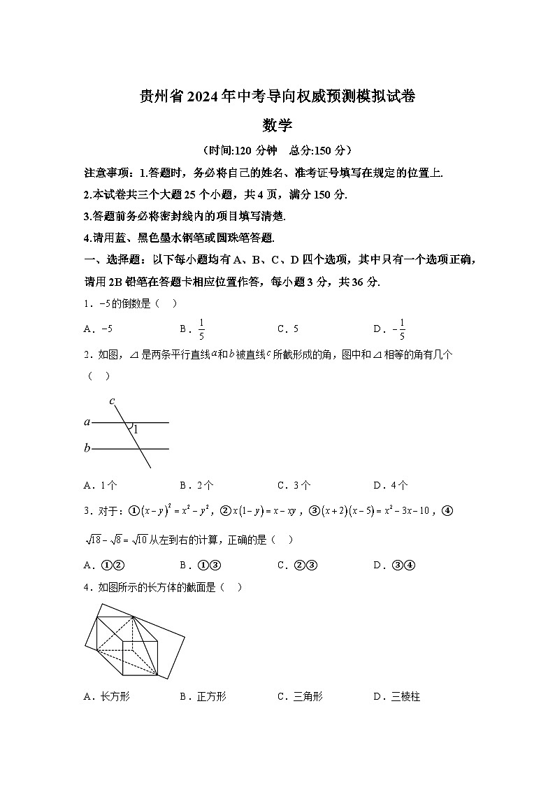 2024年贵州省中考导向权威预测数学模拟预测题(二)（含解析）第1页