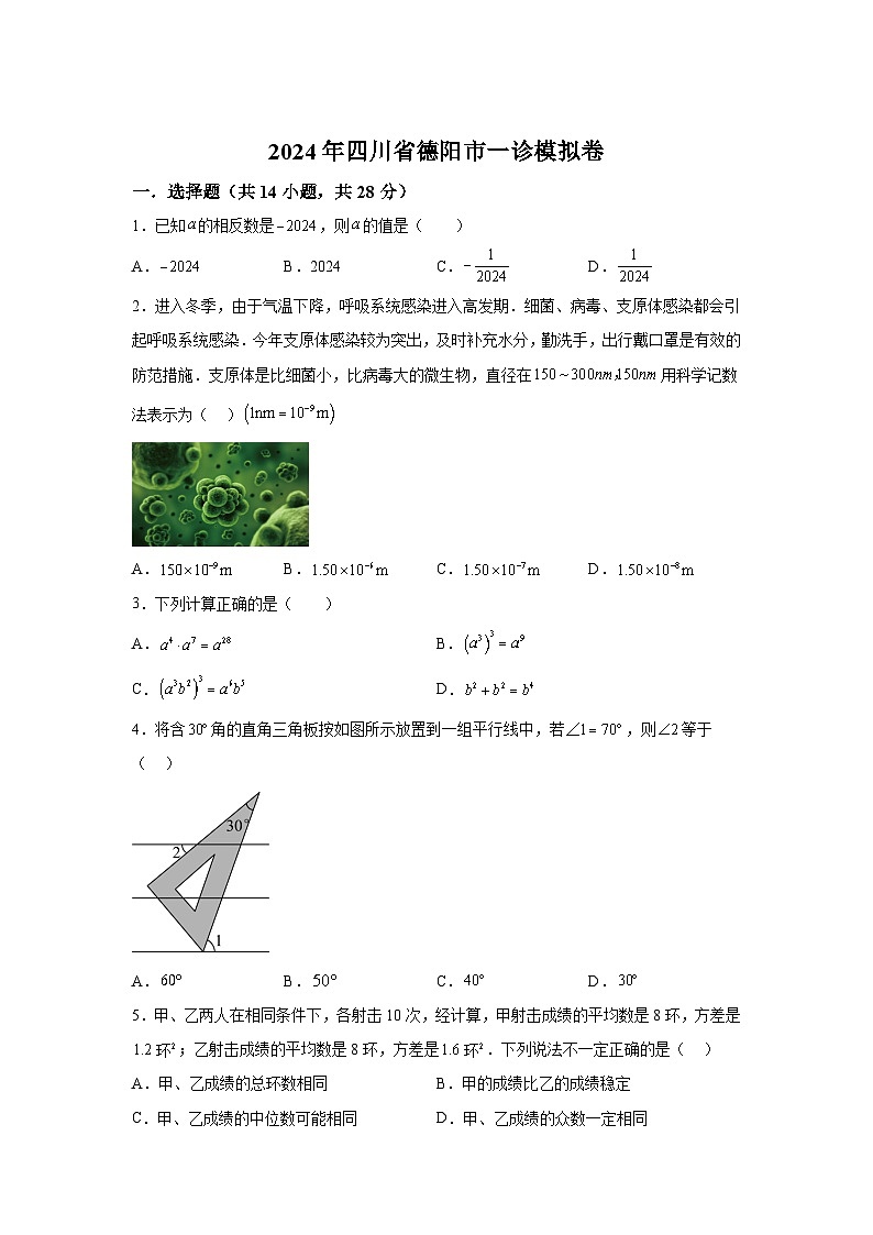 2024年四川省德阳市中考一诊模拟数学模拟预测题（含解析）01