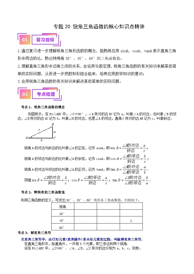 专题20 锐角三角函数的核心知识点精讲（讲义）-备战中考数学一轮复习考点帮（全国通用）01