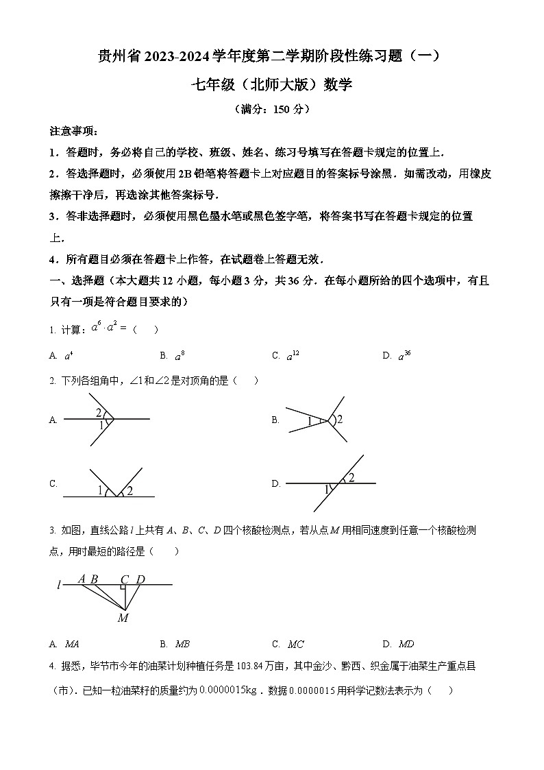 贵州省毕节市金沙县第四中学2023-2024学年七年级下学期4月月考数学试题（原卷版）第1页