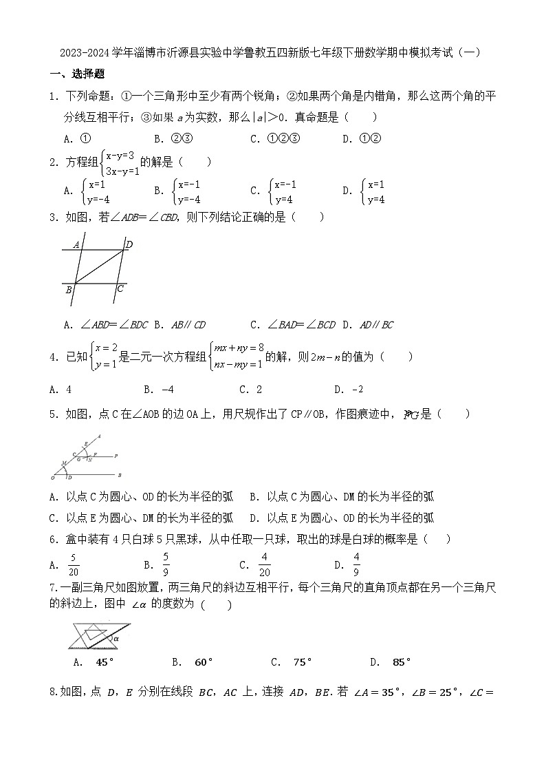 山东省淄博市沂源县实验中学2023-2024学年鲁教版（五四制）七年级下学期数学期中模拟试卷（一）第1页