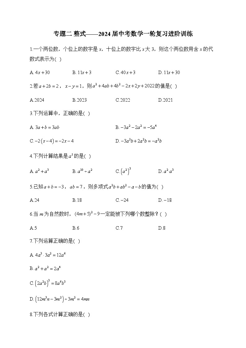 专题二 整式——2024届中考数学一轮复习进阶训练第1页