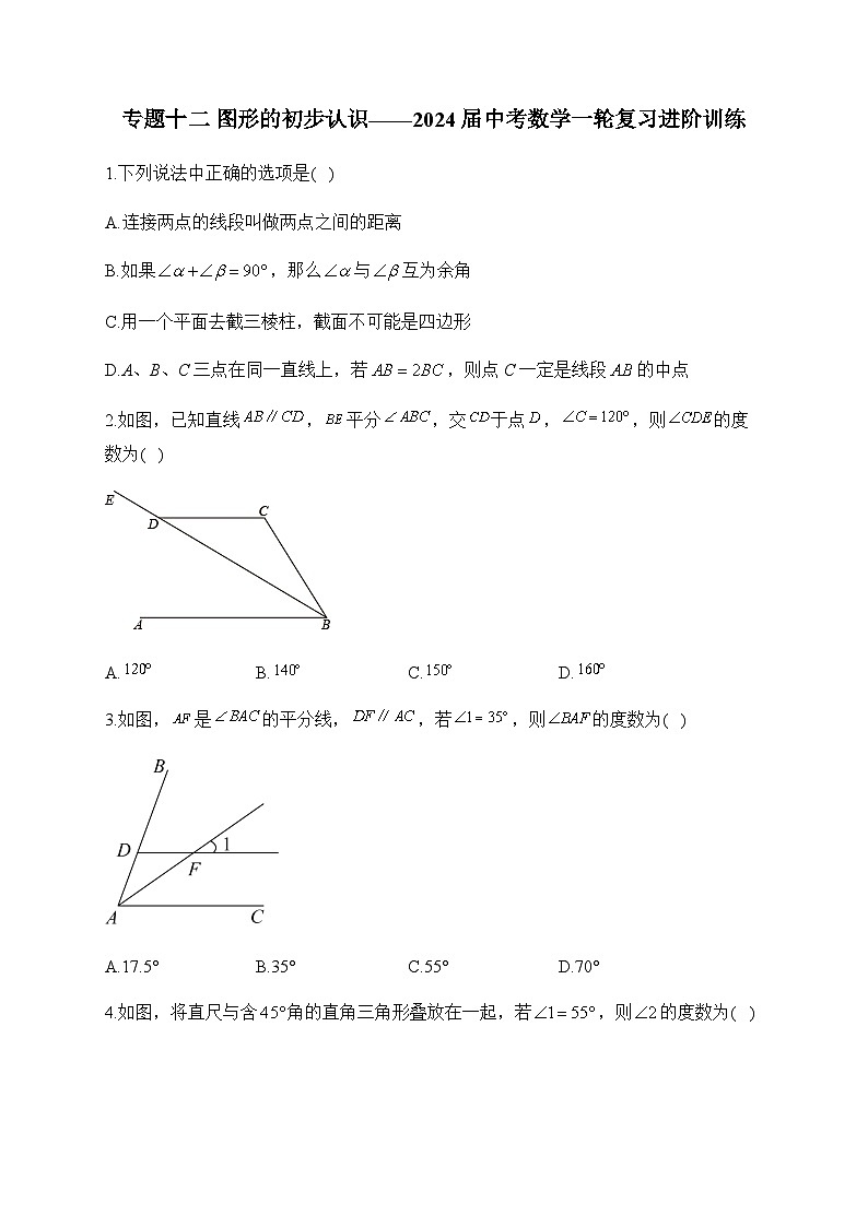 专题十二 图形的初步认识——2024届中考数学一轮复习进阶训练第1页