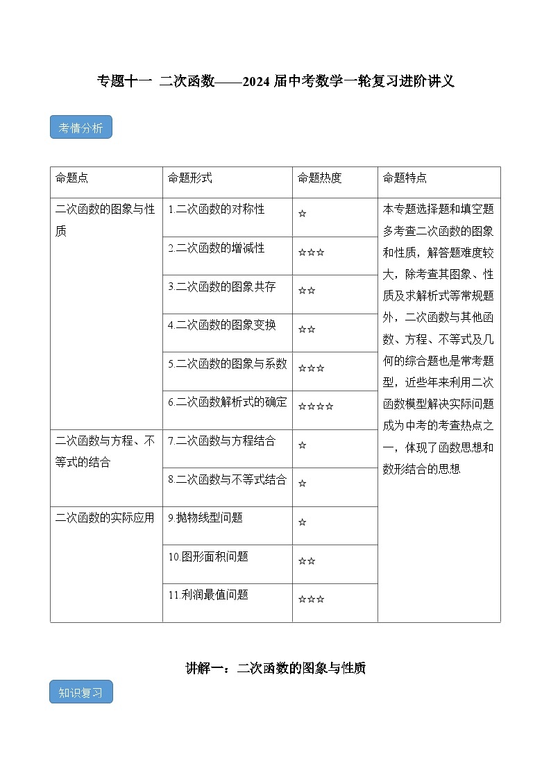 专题十一 二次函数——2024届中考一轮复习进阶讲义01