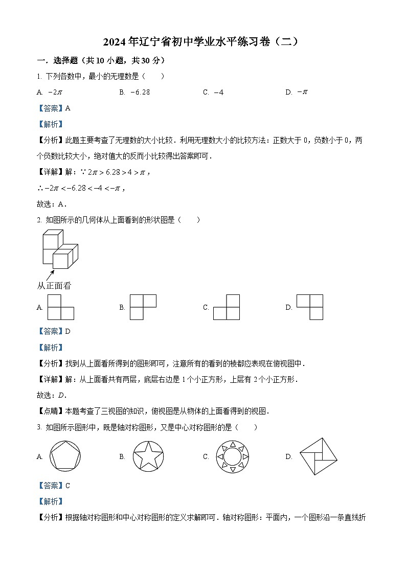 2024年辽宁省初中学业水平练习卷（二） 数学模拟预测题（原卷版+解析版）01