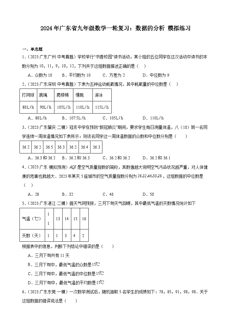 广东省2024年九年级中考数学一轮复习：数据的分析 模拟练习(含解析)第1页
