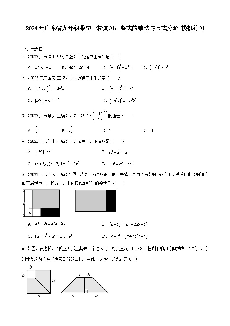 广东省2024年九年级中考数学一轮复习：整式的乘法与因式分解 模拟练习(含解析)第1页