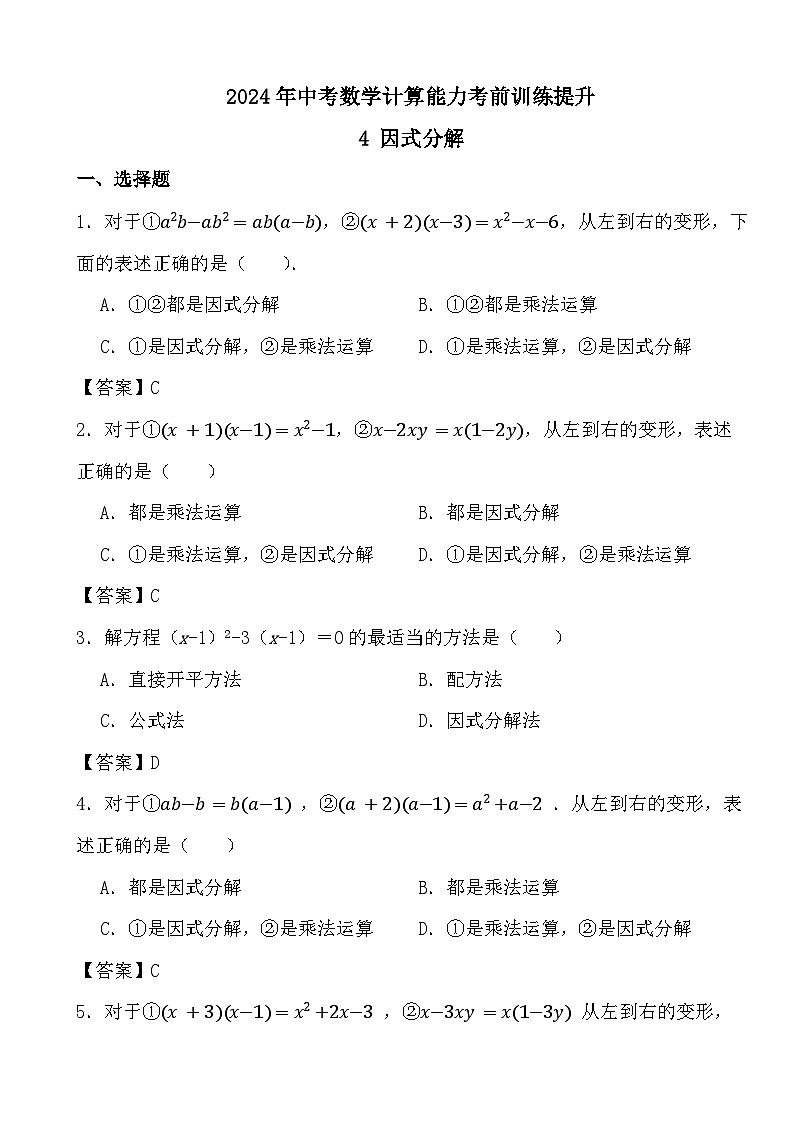 2024年中考数学计算能力考前训练提升4 因式分解（答案）第1页