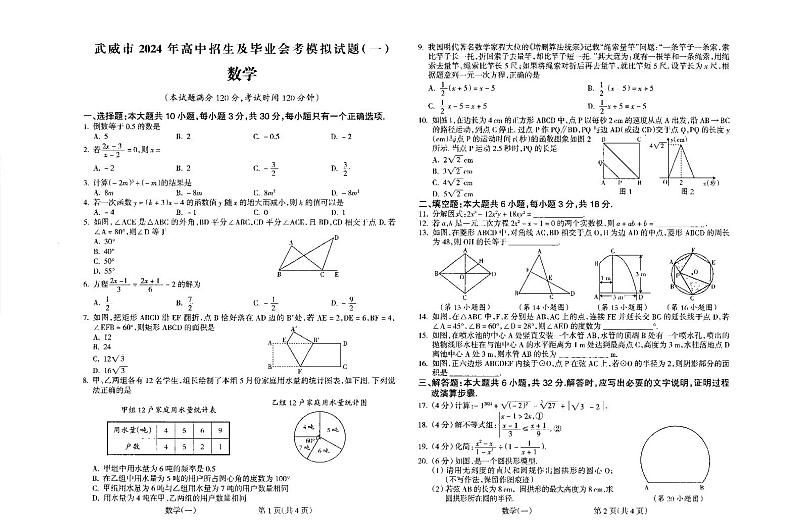 2024年甘肃省+武威市凉州区洪祥镇九年制学校+九年级第一次模拟测试数学试卷+01