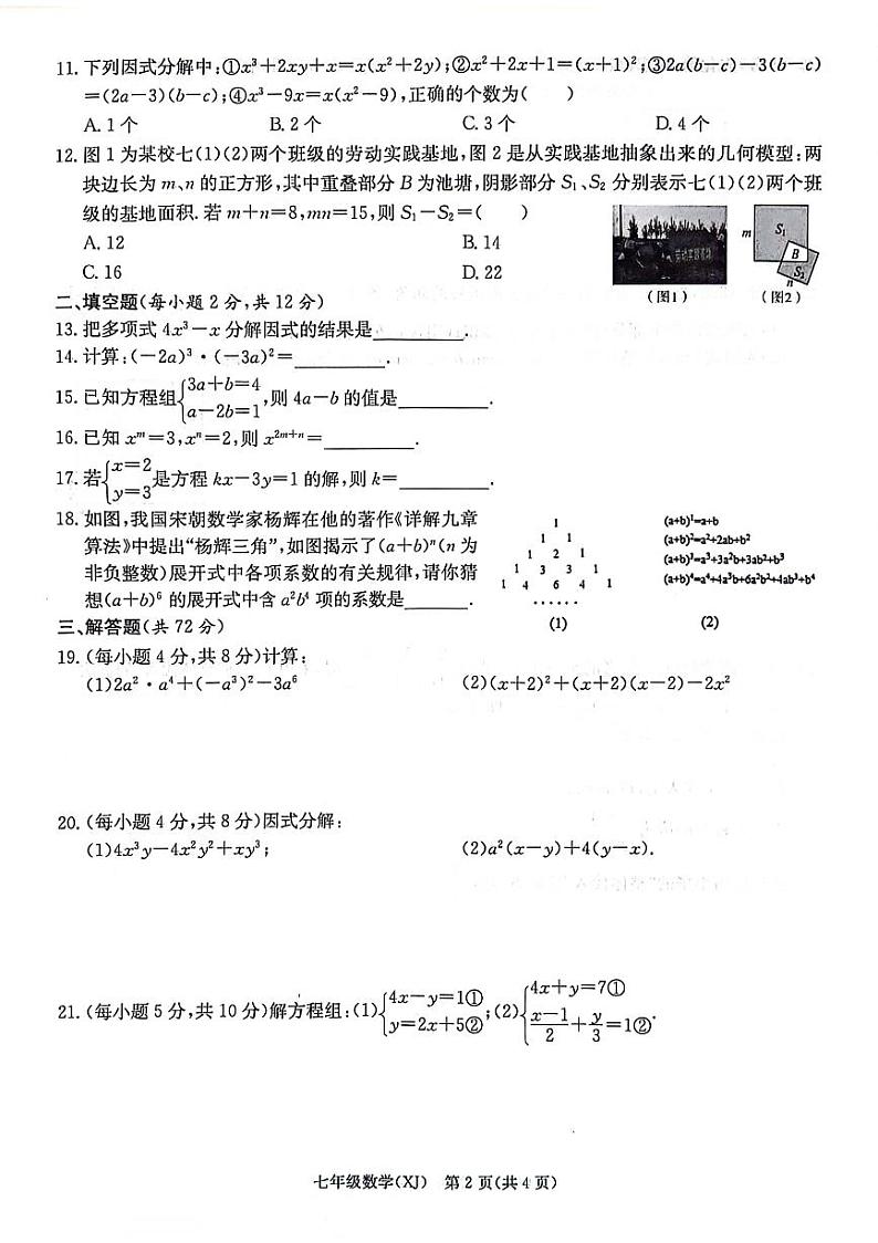 广西来宾市武宣县2023—2024学年七年级下学期4月检测数学试题第2页