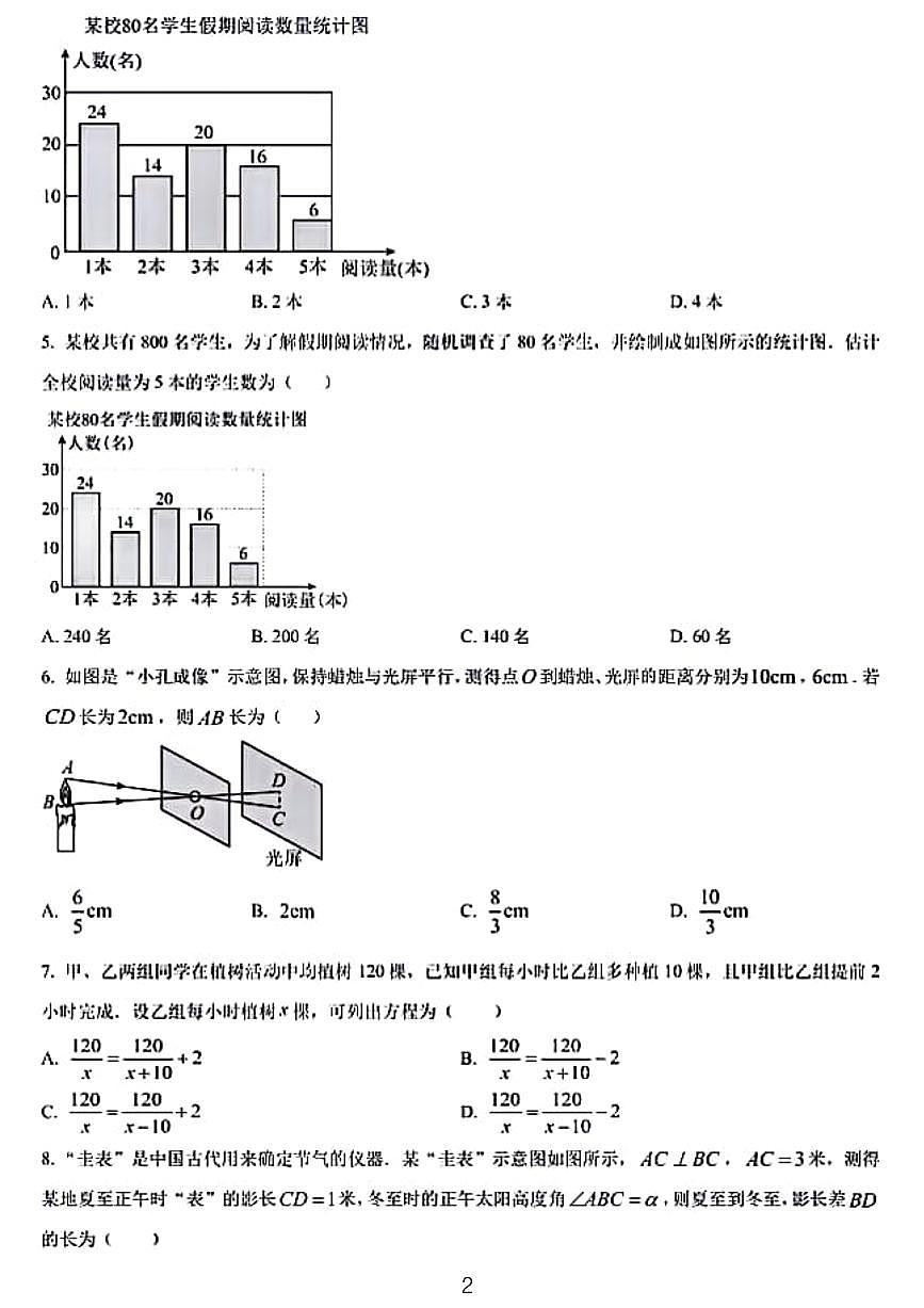 2024年温州市九年级中考一模数学模拟试题第2页
