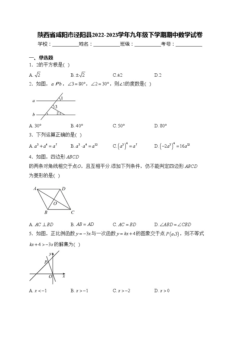 陕西省咸阳市泾阳县2022-2023学年九年级下学期期中数学试卷(含答案)01