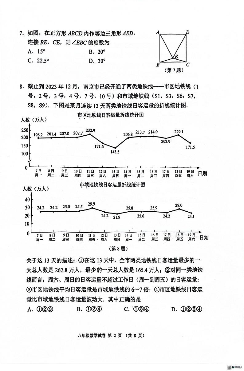 +江苏省南京市秦淮区2023-2024学年八年级下学期数学期中试题第2页