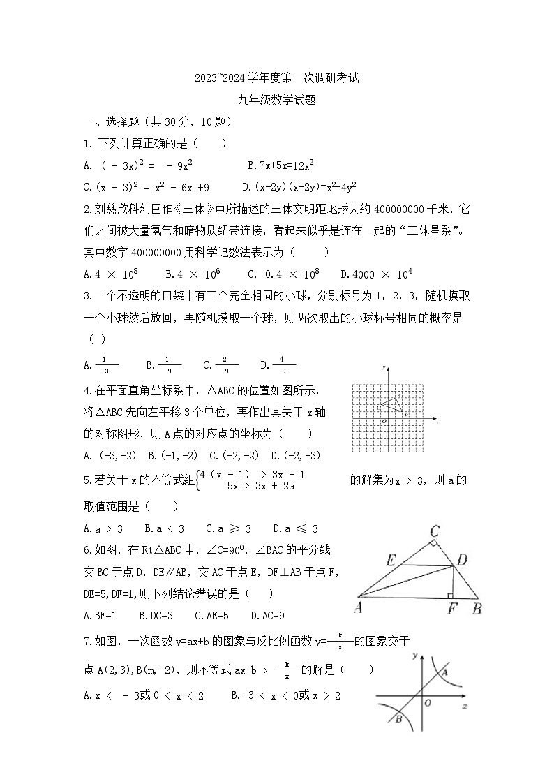 山东省枣庄市2023—2024学年下学期第一次调研考试九年级数学试卷第1页