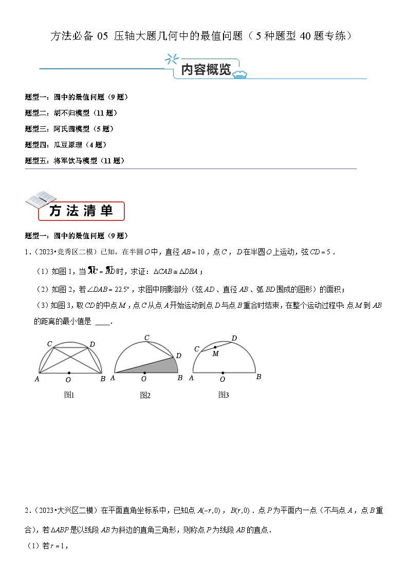 方法必备05 压轴大题几何中的最值问题（5种题型40题专练）-2024年中考数学考点必备01