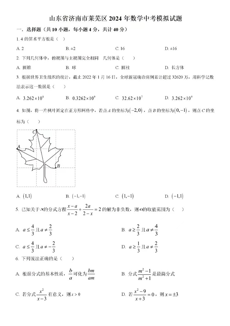 2024年济南市莱芜区数学中考模拟试题一（含答案）第1页