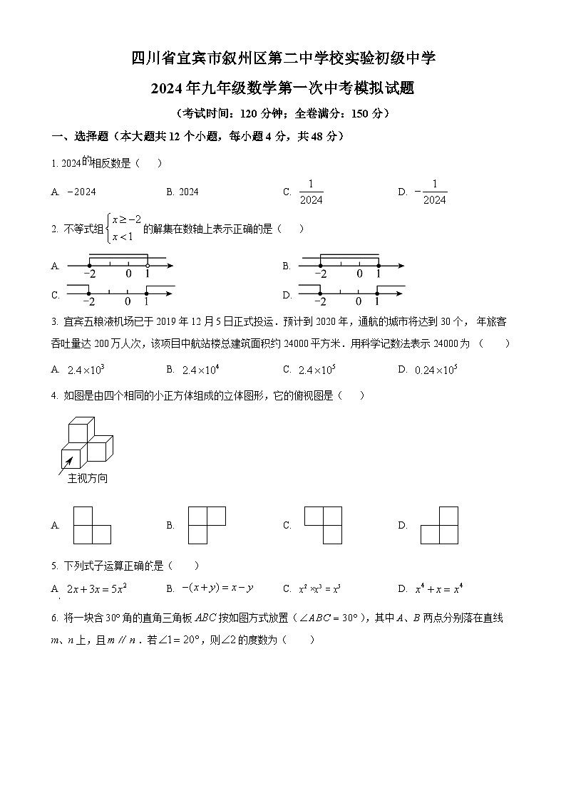 2024年四川省宜宾市叙州区第二中学校实验初级中学九年级数学第一次中考模拟试题（原卷版+解析版）01