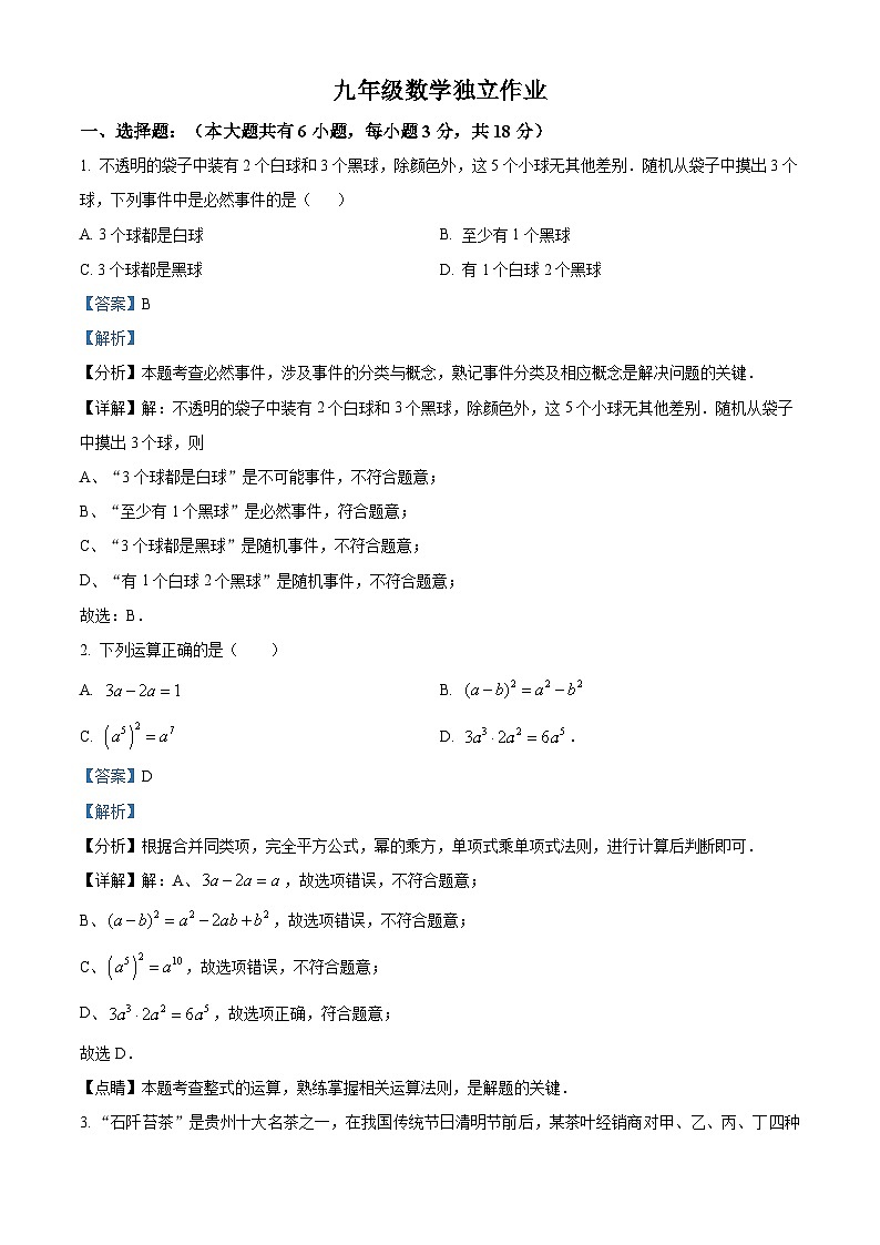 江苏省泰州市靖江市实验学校2023-2024学年九年级下学期3月月考数学试题（原卷版+解析版）01