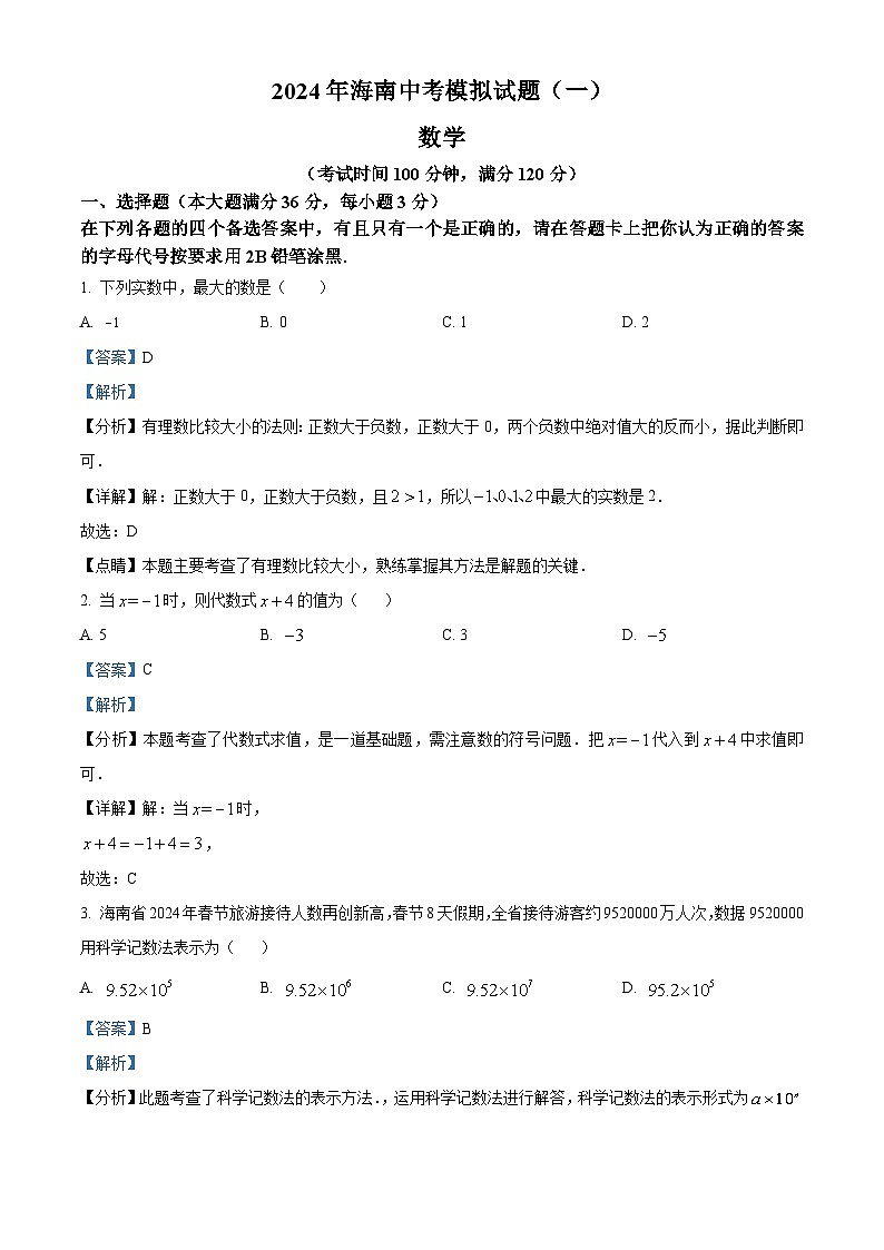 精品解析：2024年海南省文昌市八校联考中考模拟考试数学模拟预测题01