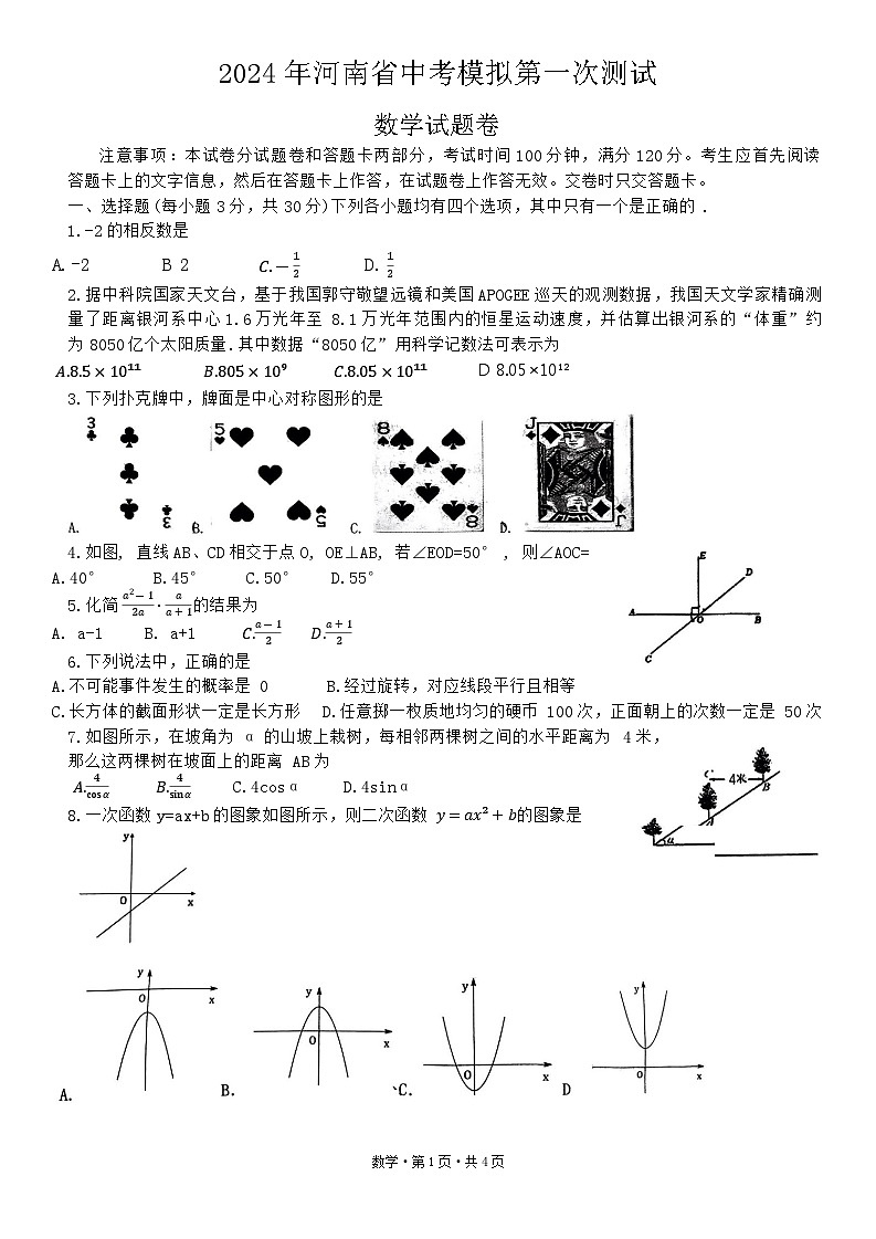 2024年河南省周口市郸城县第三实验中学等校一模数学试题第1页