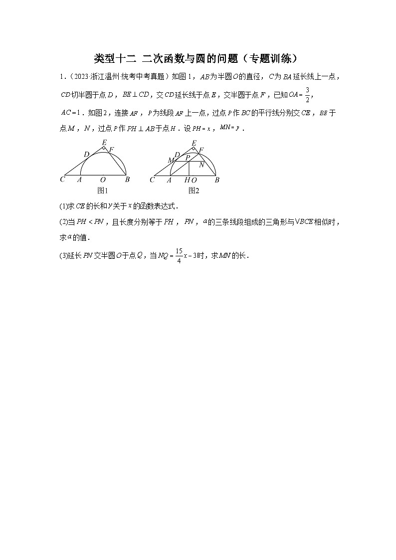 题型九 二次函数综合题 类型十二 二次函数与圆的问题（专题训练）（原卷版）第1页