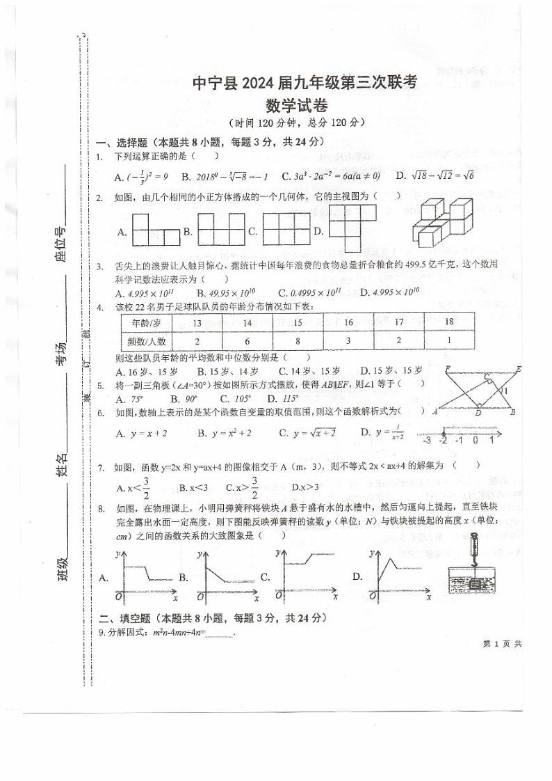 宁夏_中卫市中宁县2024年九年级中考第三次联考数学试卷01