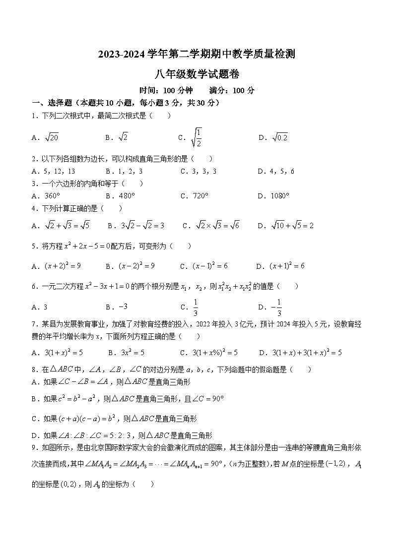 安徽省合肥市2023-2024学年八年级下学期期中数学试题(无答案)第1页