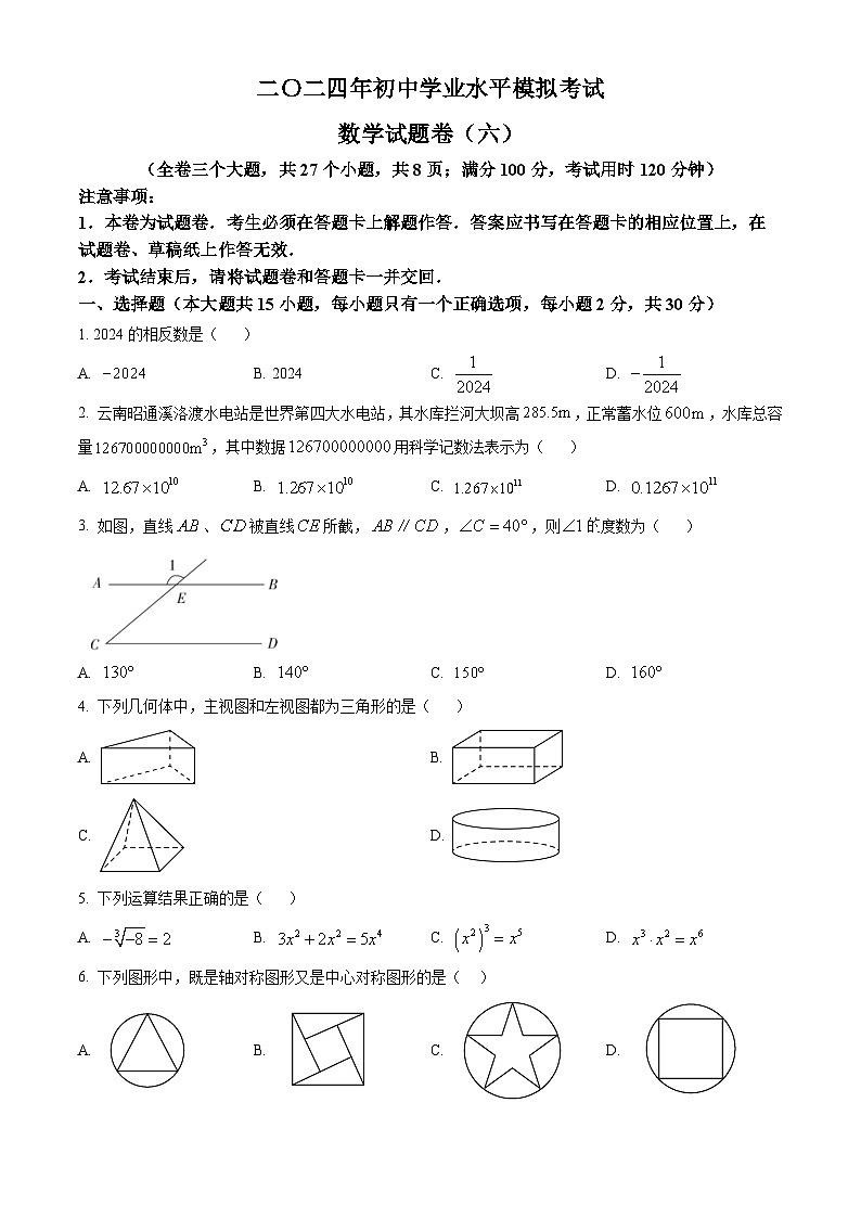 2024年云南省昭通市永善县中考一模数学试题（原卷版+解析版）01