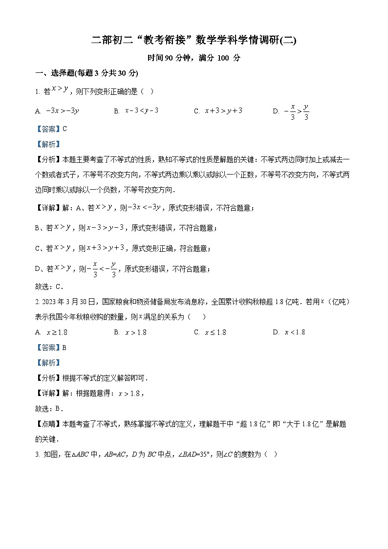 山西省太原市新希望双语学校2023-2024学年八年级下学期月考数学试题（原卷版+解析版）01