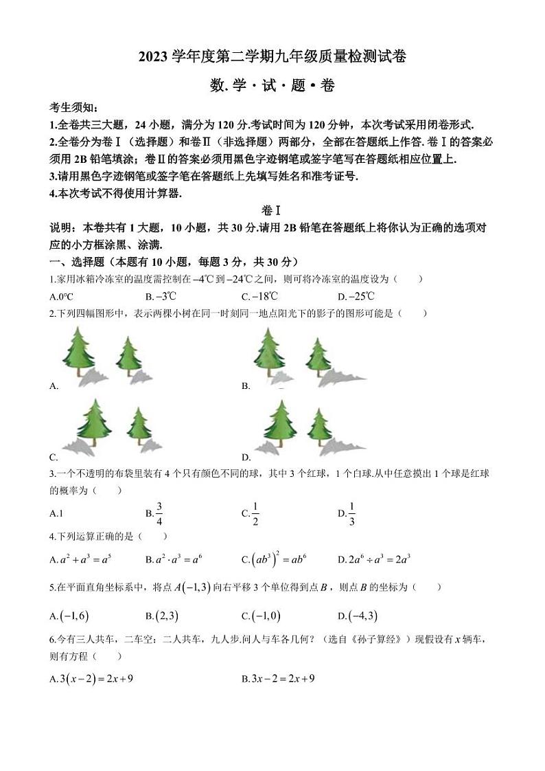 2024年浙江省衢州市中考一模数学试题01