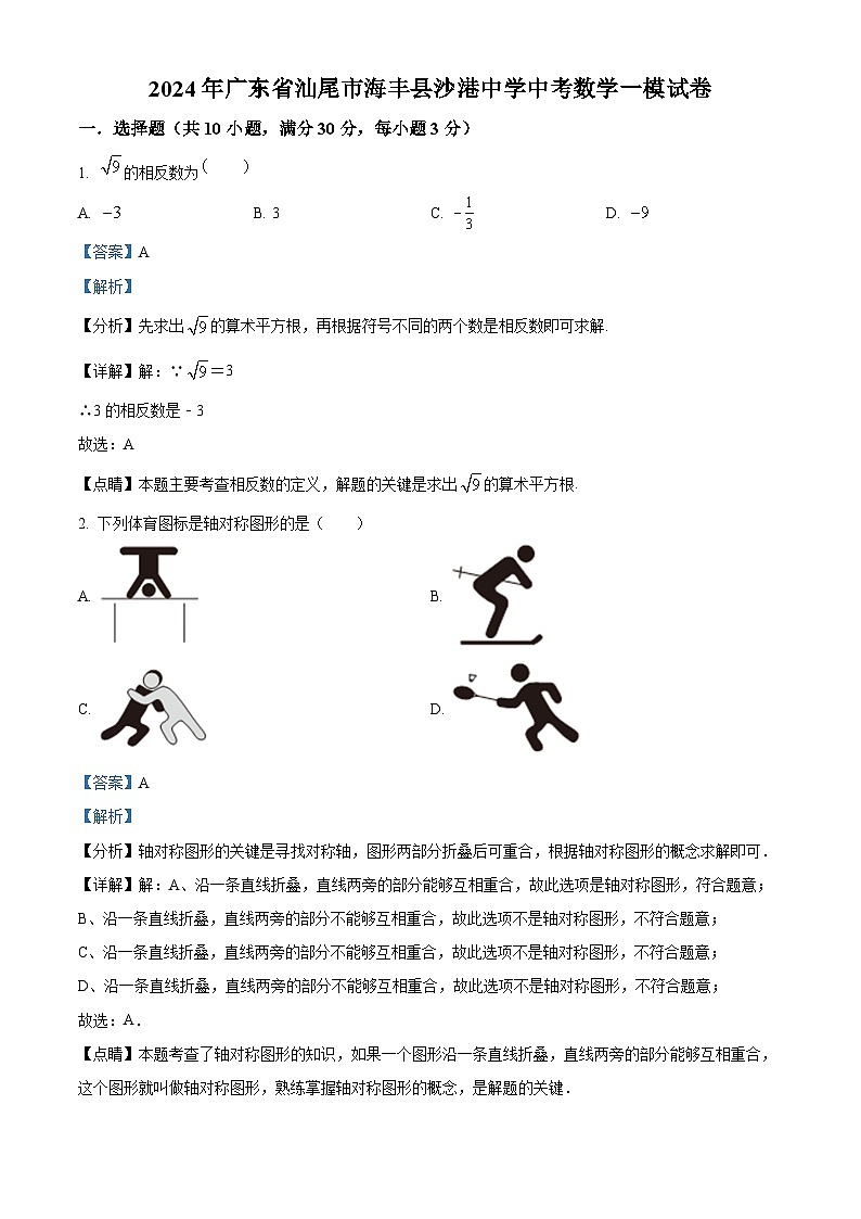 2024年广东省汕尾市海丰县沙港中学中考一模数学试题（原卷版+解析版）01