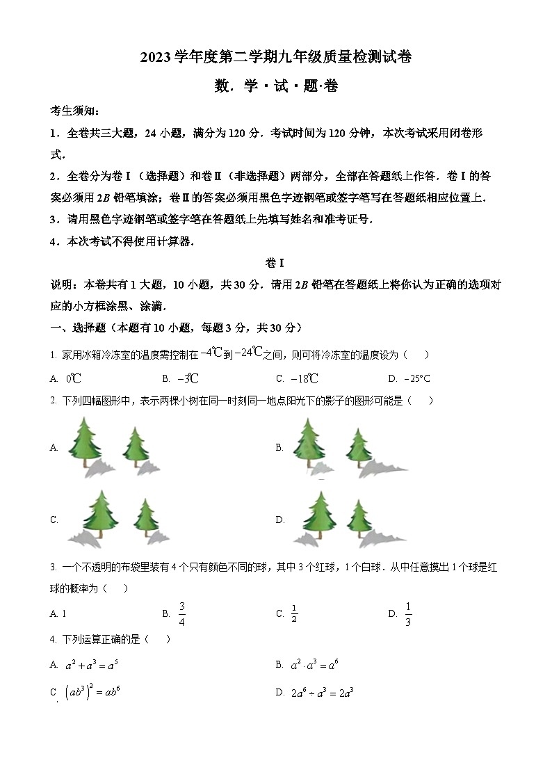 2024年浙江省衢州市中考一模数学试题（原卷版+解析版）01